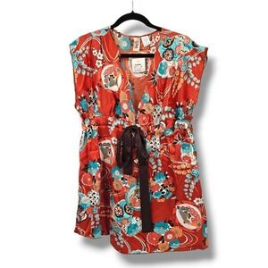 NEW Ister Floral Print Y2K Vintage Tunic Top Brown‎ Tie Sleeveless Blouse 1X